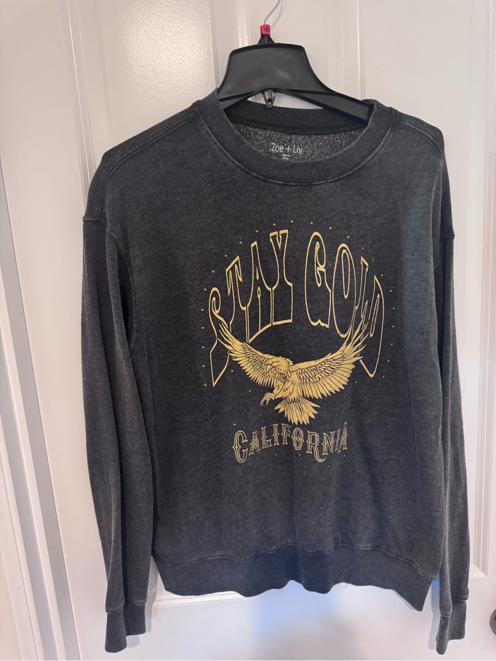 Zoe + Liv Charcoal Crewneck with Gold 'Stay Gold' Eagle Graphic